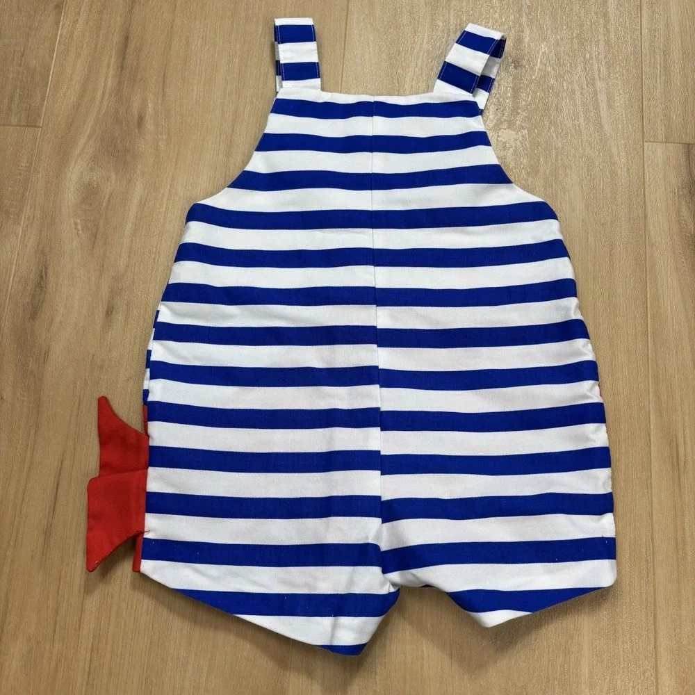 Vintage Baby Romper Whale Appliqué Blue And White Stripe 18 Month Shortall